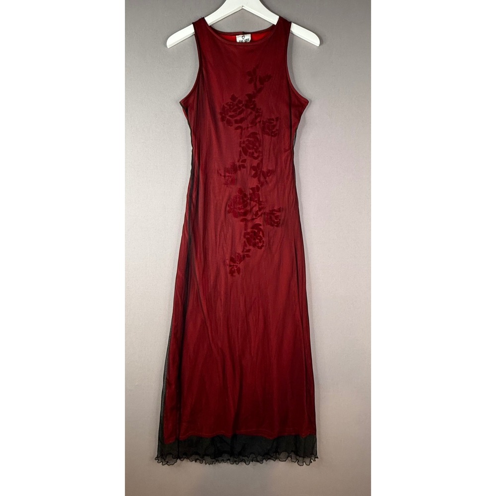 Jalate Maxi Dress Womens Medium Red Black Mesh Velvet Floral Burnout 90s Y2K